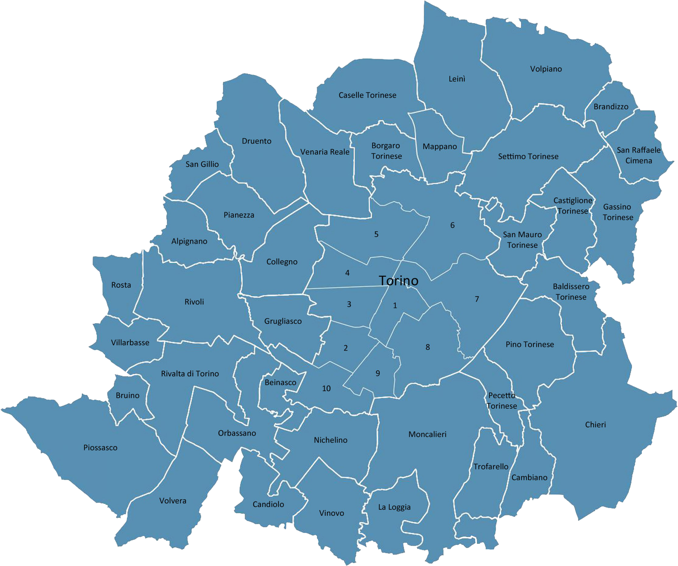 Mappa dei comuni di Torino e provincia con le località presenti nelle guide Hydra